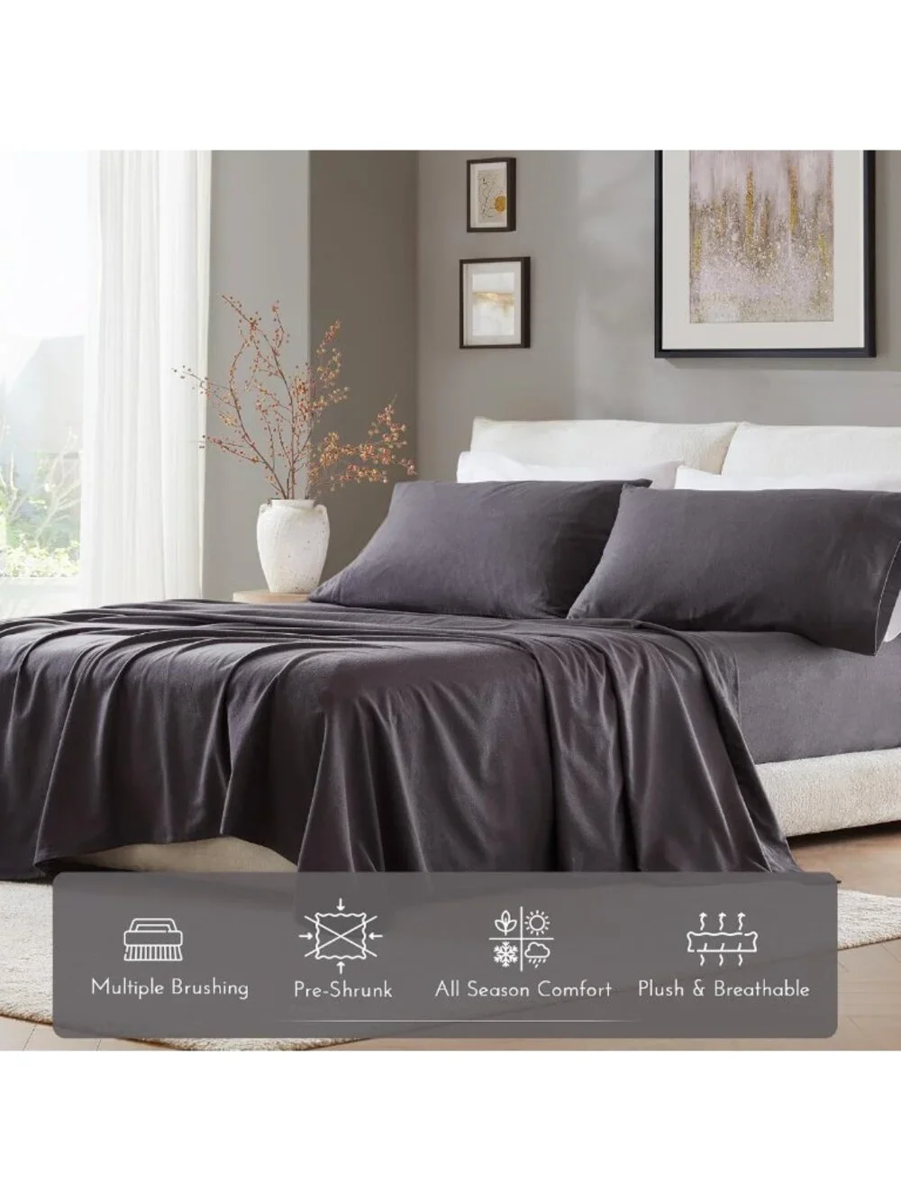 Ultra Soft Cotton Flannel Queen Sheet Set, 4-Piece Dark Grey Bedding, 14